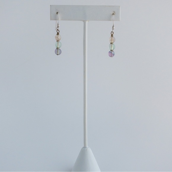 Multicolor Rainbow Fluorite Earrings Drop Dangle Silver Tone Round Natural Stone - Picture 5 of 8